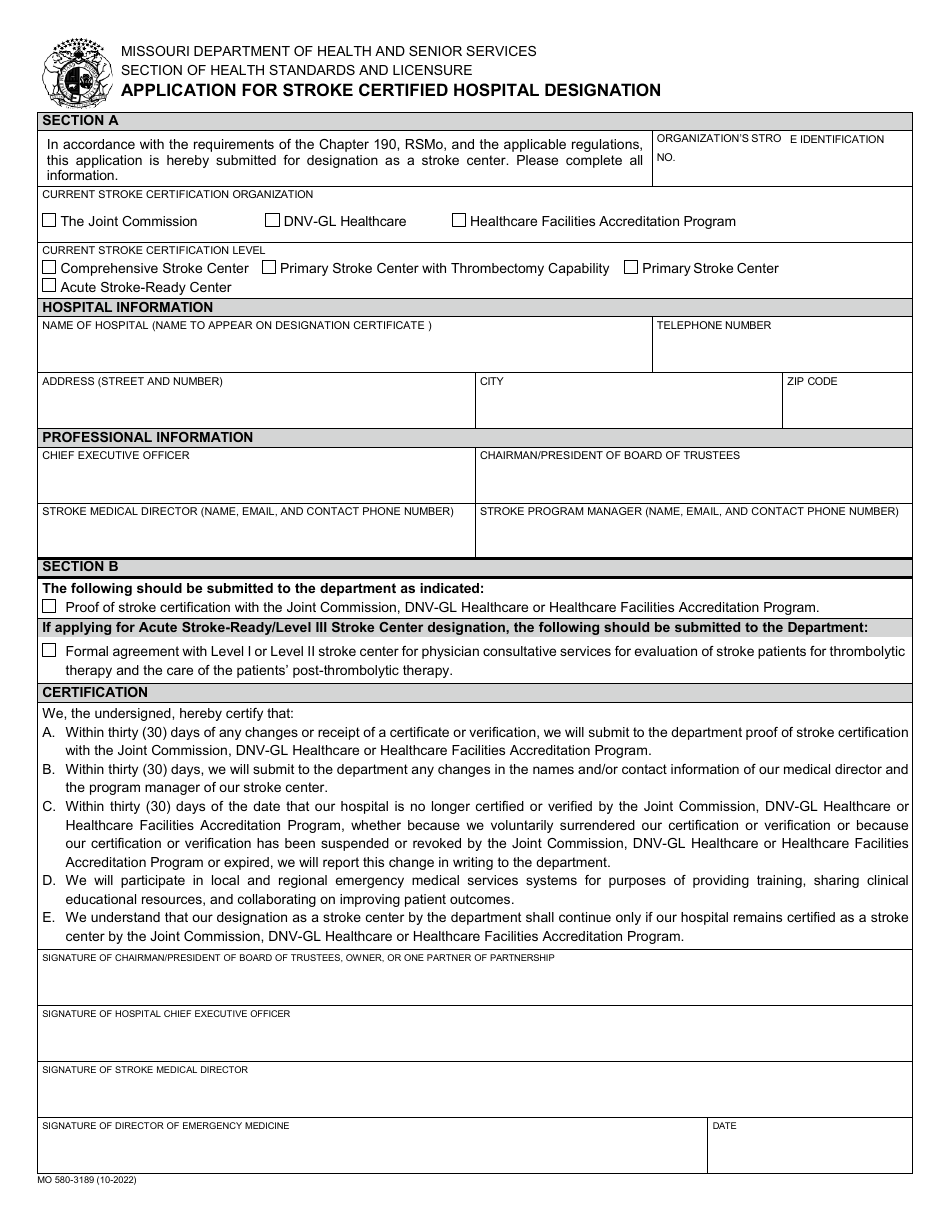 Form MO580-3189 Application for Stroke Certified Hospital Designation - Missouri, Page 1