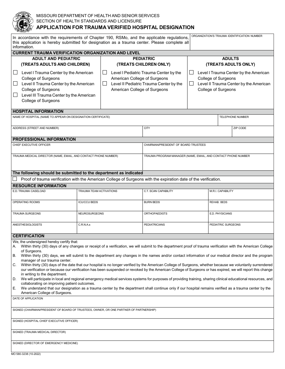 Form MO580-3238 Application for Trauma Verified Hospital Designation - Missouri, Page 1