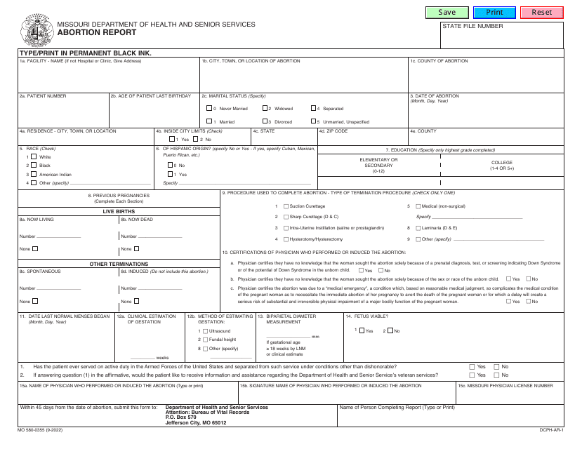 Form MO580-0355 Abortion Report - Missouri