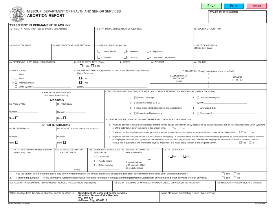 Form MO580-0355 Abortion Report - Missouri, Page 1
