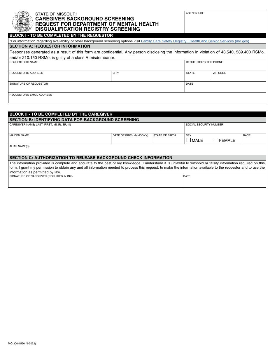 Form MO300-1590 Request for Department of Mental Health Disqualification Registry Screening - Missouri, Page 1