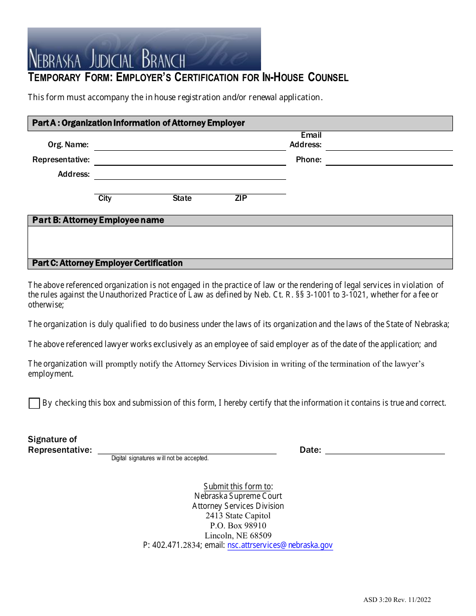 Form ASD3:20 Temporary Form: Employers Certification for in-House Counsel - Nebraska, Page 1