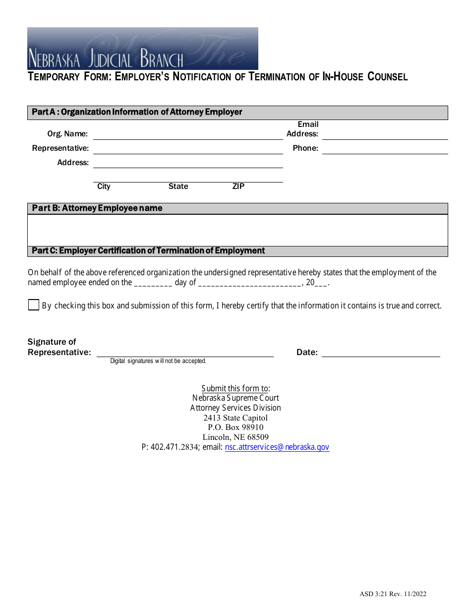 Form ASD3:21 Temporary Form: Employers Notification of Termination of in-House Counsel - Nebraska, Page 1