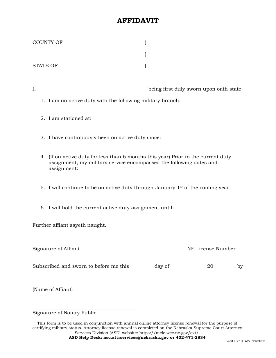 Form ASD3:10 Affidavit - Nebraska, Page 1