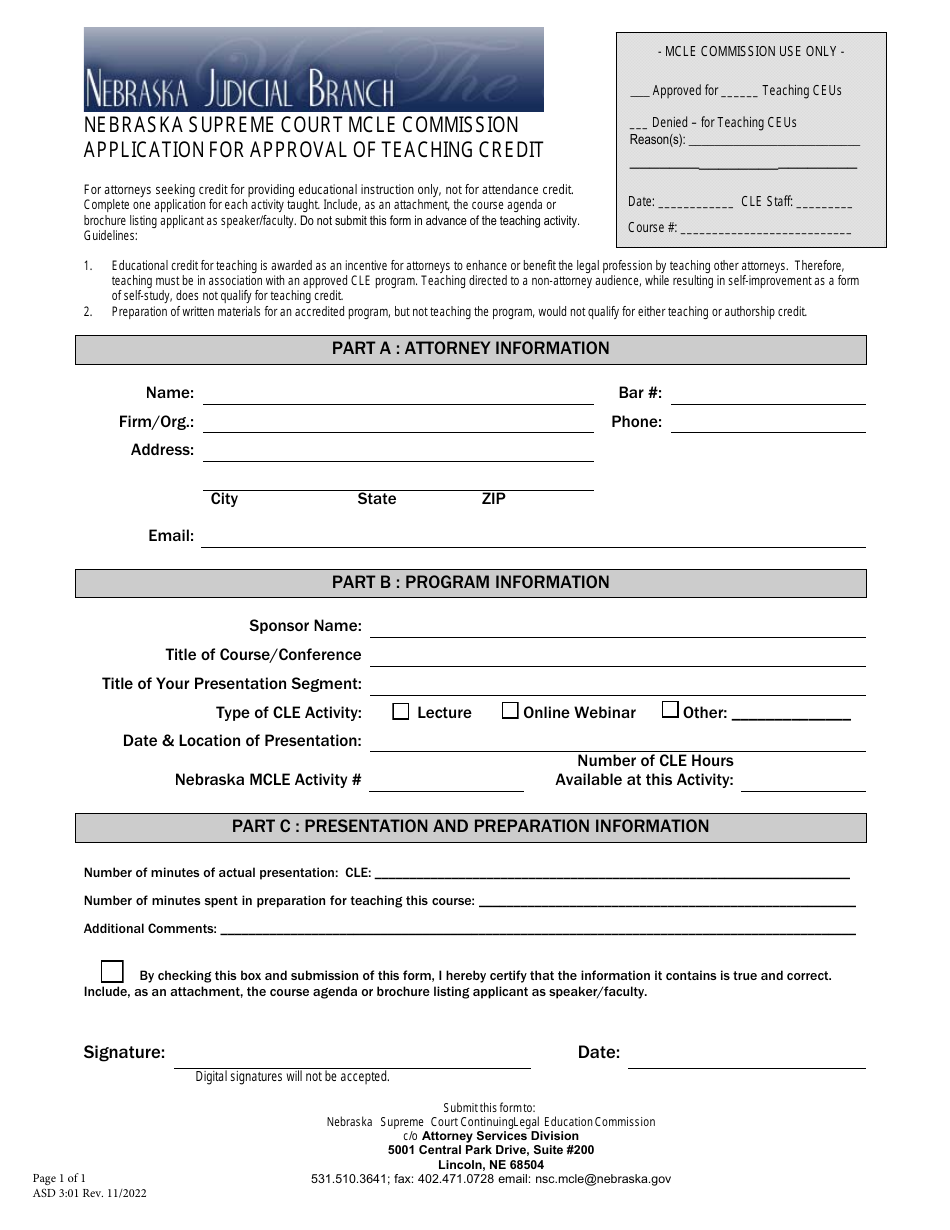 Form ASD3:01 Application for Approval of Teaching Credit - Nebraska, Page 1