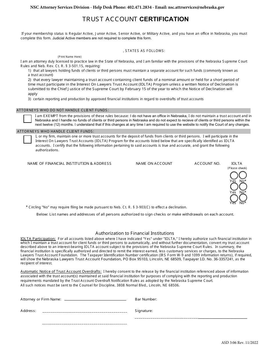 Form ASD3:06 Attorneys Form to Request a Transfer of Membership Status (inactive to Active and active to Inactive) - Nebraska, Page 3