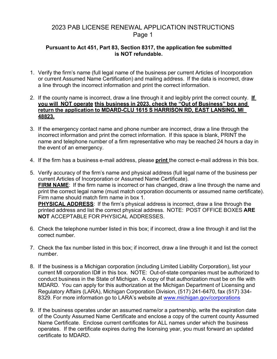 Instructions for Pesticide Applicators Business License Renewal - Michigan, Page 1