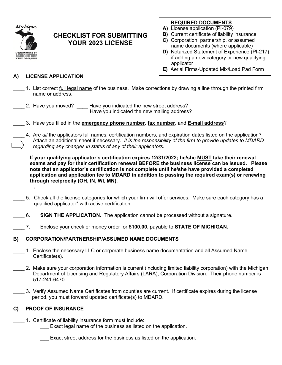 Pesticide Applicators Business License Checklist - Michigan, Page 1