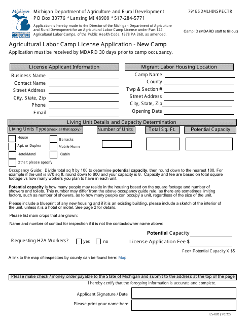 Form ES-002 Agricultural Labor Camp License Application - New Camp - Michigan