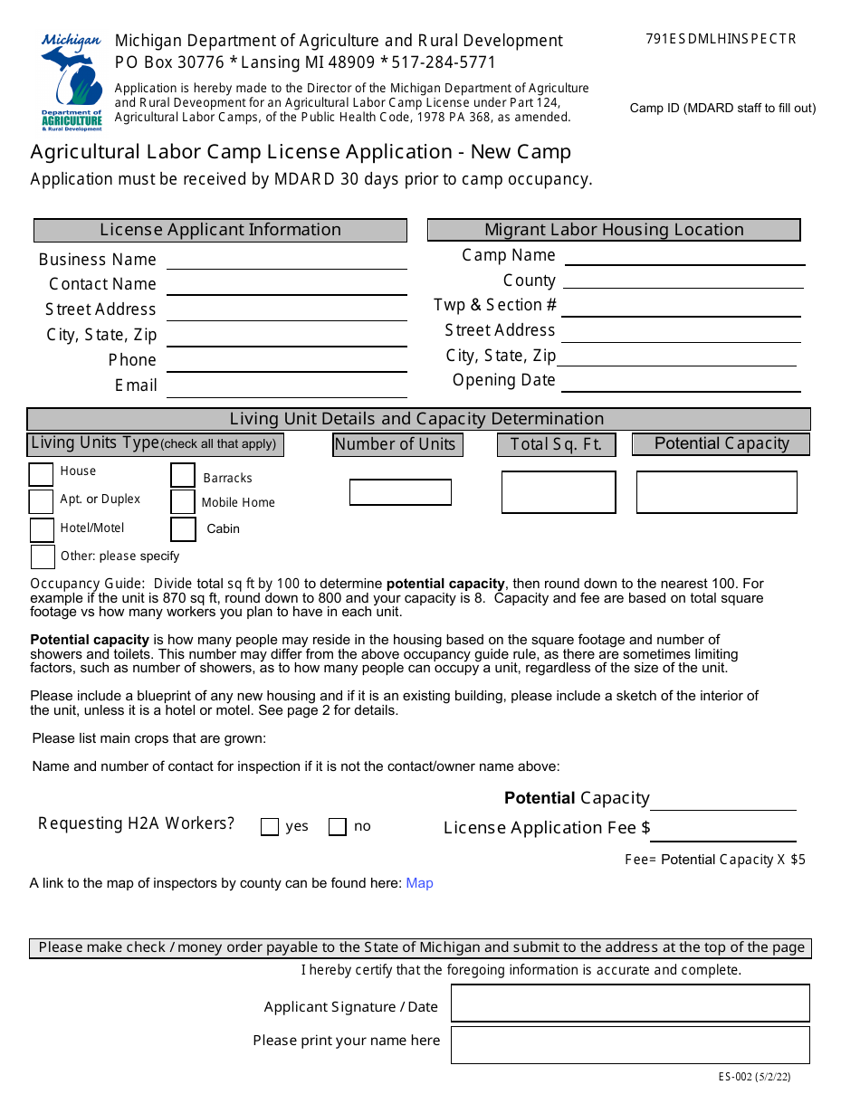 Form ES-002 Agricultural Labor Camp License Application - New Camp - Michigan, Page 1