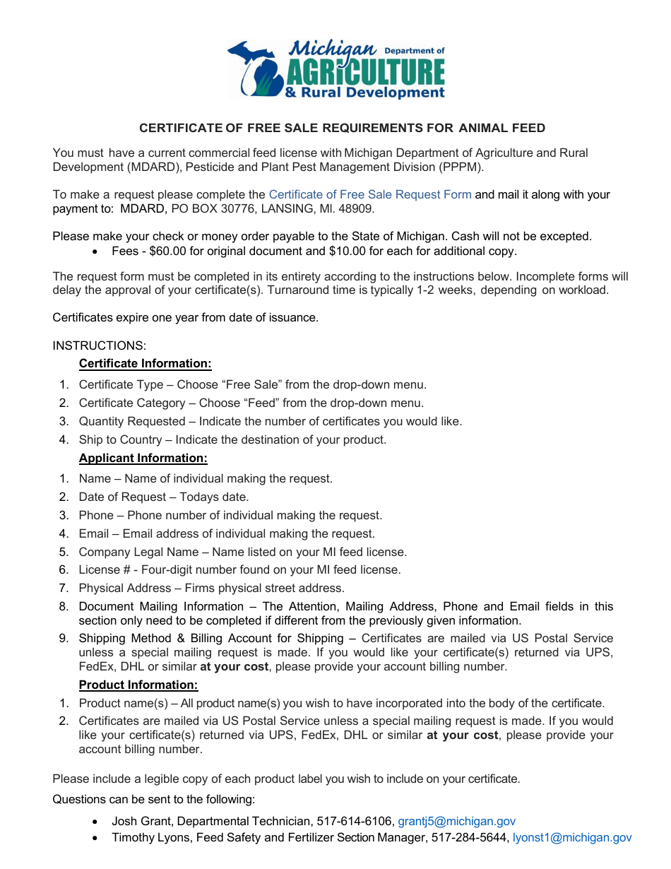 Instructions for Certificate of Free Sale Request Form - Michigan, Page 1
