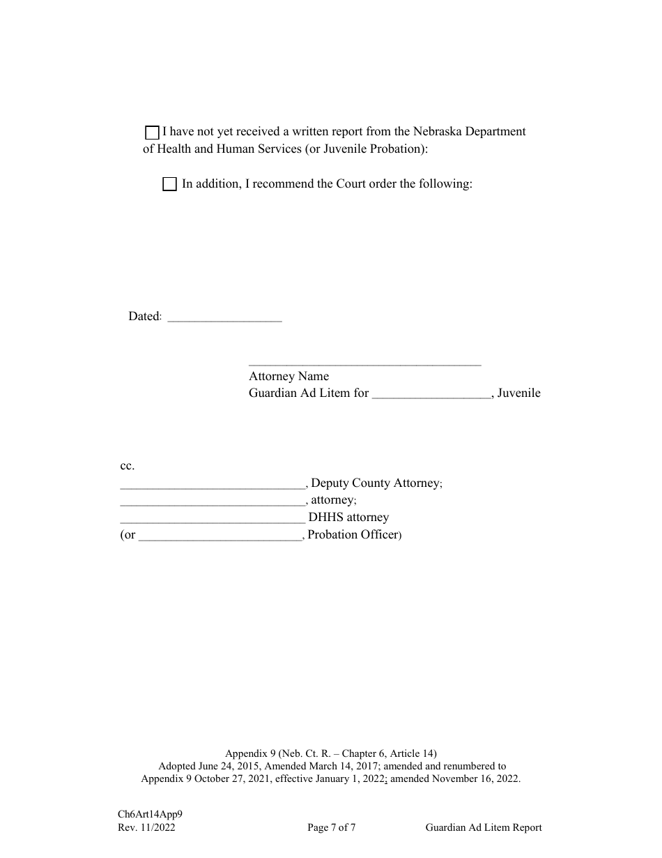 Form CH6ART14APP9 Appendix 9 Guardian Ad Litem Report and Recommendations - Nebraska, Page 7