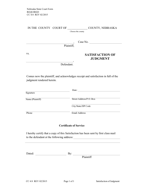 Form CC4:8 Satisfaction of Judgment - Nebraska