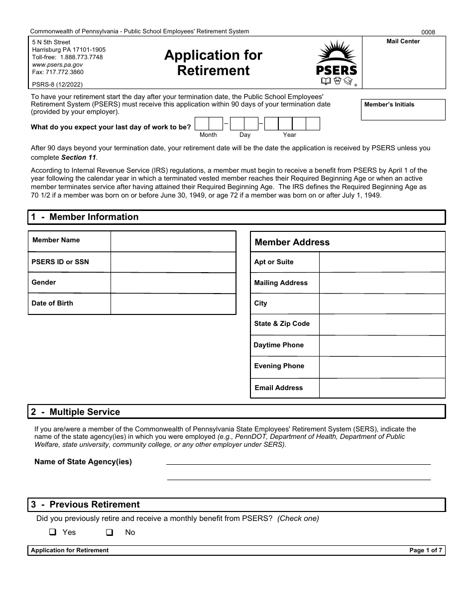 Form PSRS-8 Application for Retirement - Pennsylvania, Page 3