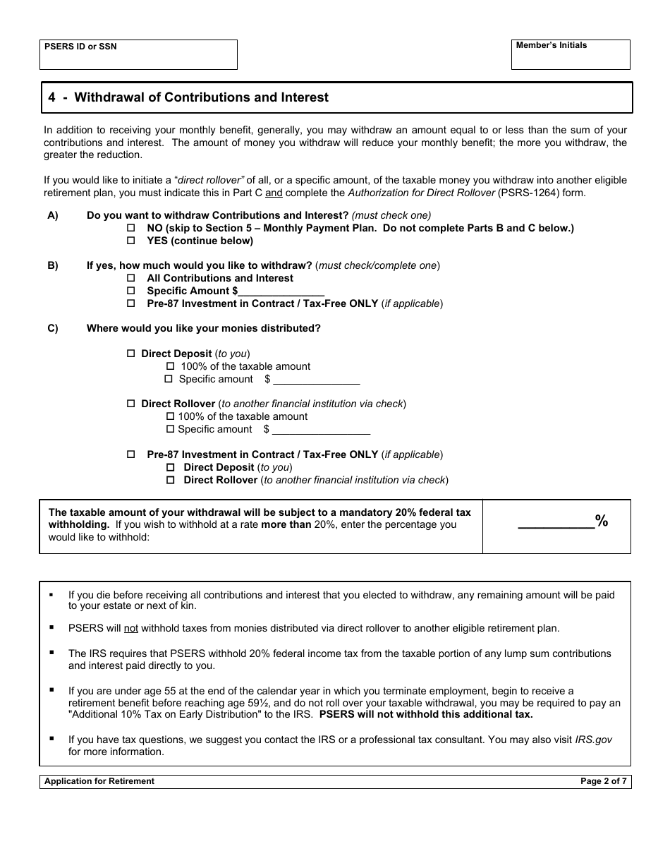 Form PSRS-8 Application for Retirement - Pennsylvania, Page 4