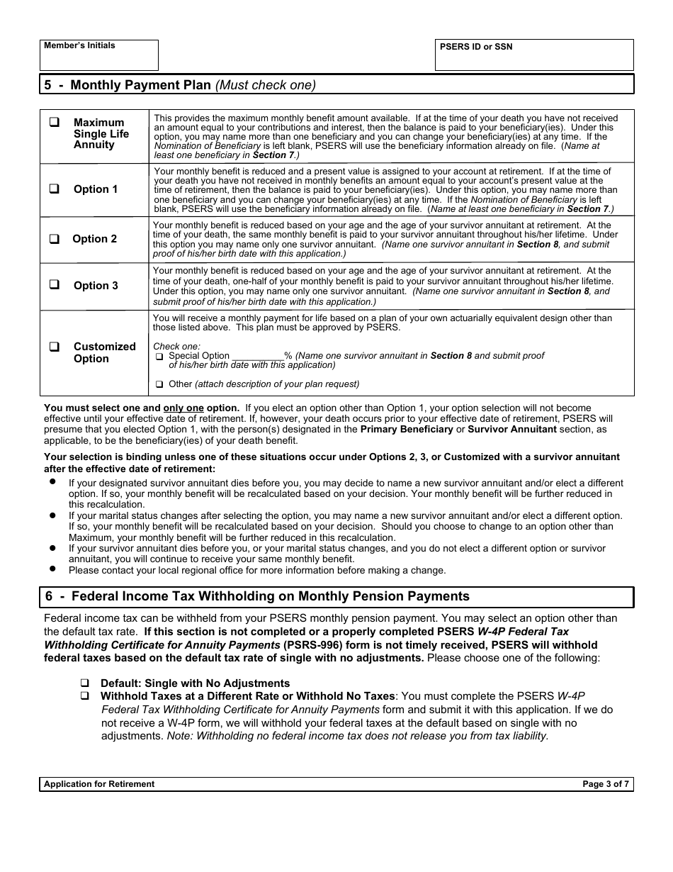 Form PSRS-8 Application for Retirement - Pennsylvania, Page 5