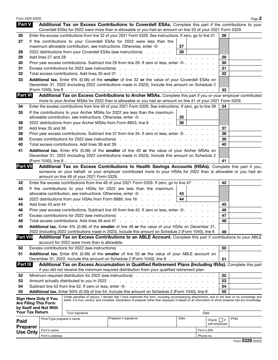 Irs Form 5329 Download Fillable Pdf Or Fill Online Additional Taxes On Qualified Plans