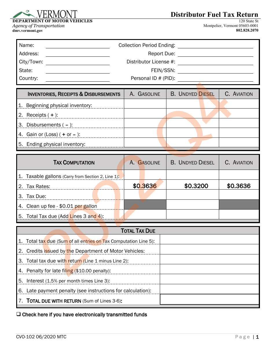 Form CVO-102 Distributor Fuel Tax Return - Fourth (4th) Quarter - Vermont, Page 1