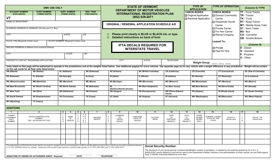 Form CVO-160 Schedule A / E Original / Renewal Application Schedule - International Registration Plan - Vermont, Page 1