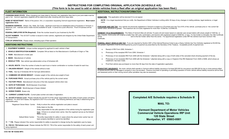 Form CVO-160 Schedule A / E Original / Renewal Application Schedule - International Registration Plan - Vermont, Page 2