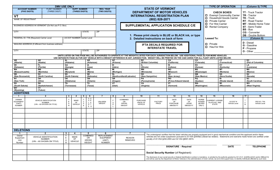 Form CVO-162 Schedule C / E Supplemental Application Schedule - International Registration Plan - Vermont, Page 1