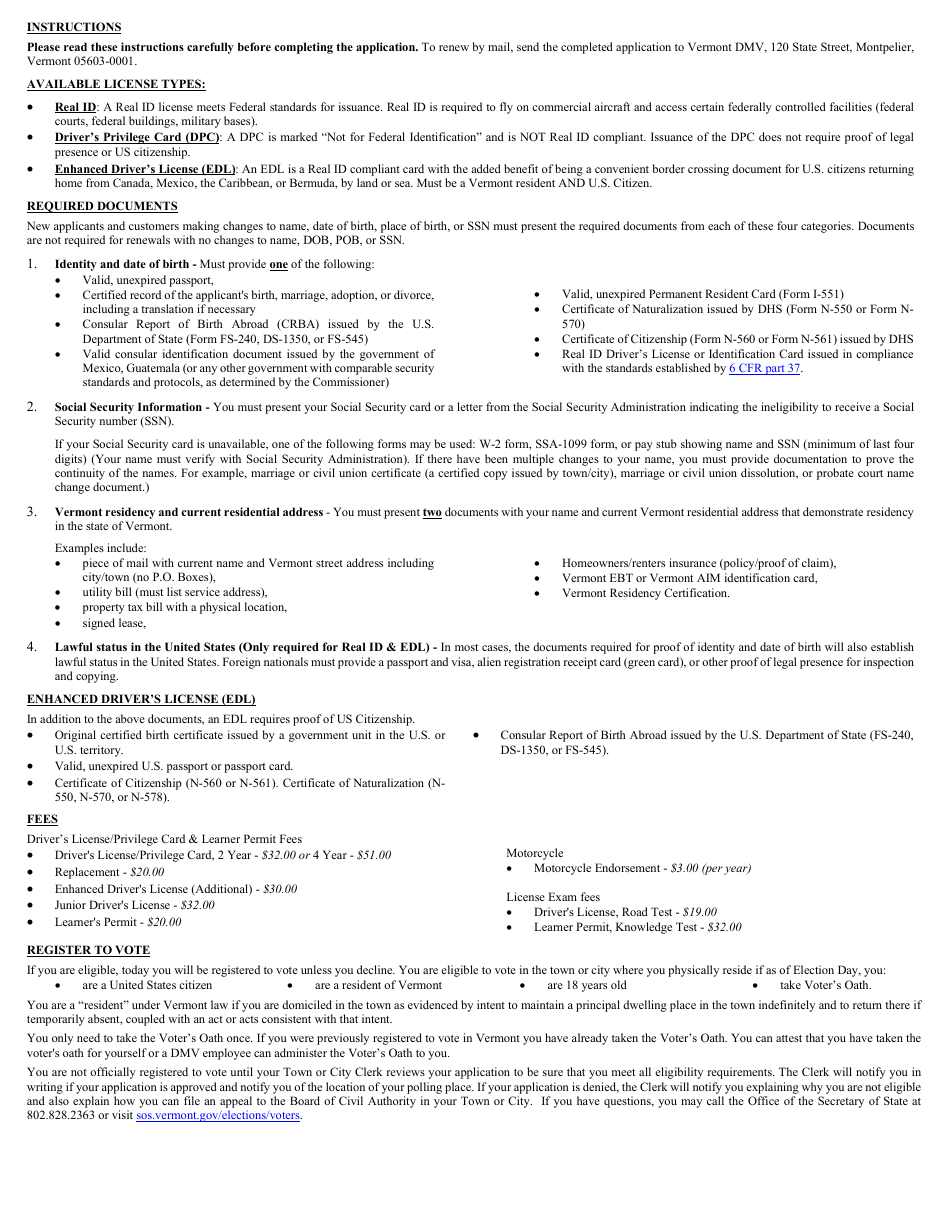 Form VL-021 Application for License / Permit - Vermont, Page 1