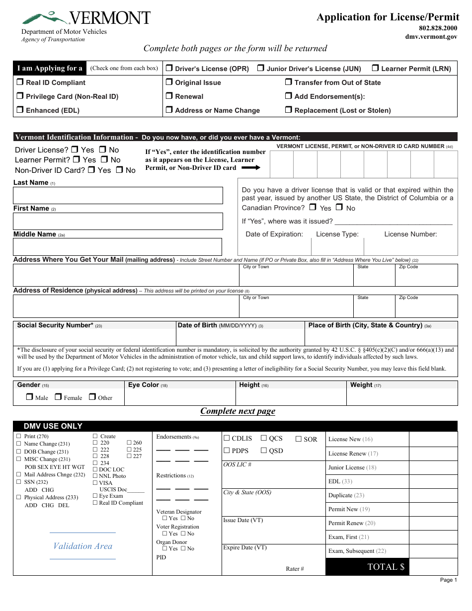 Form VL-021 Application for License / Permit - Vermont, Page 2
