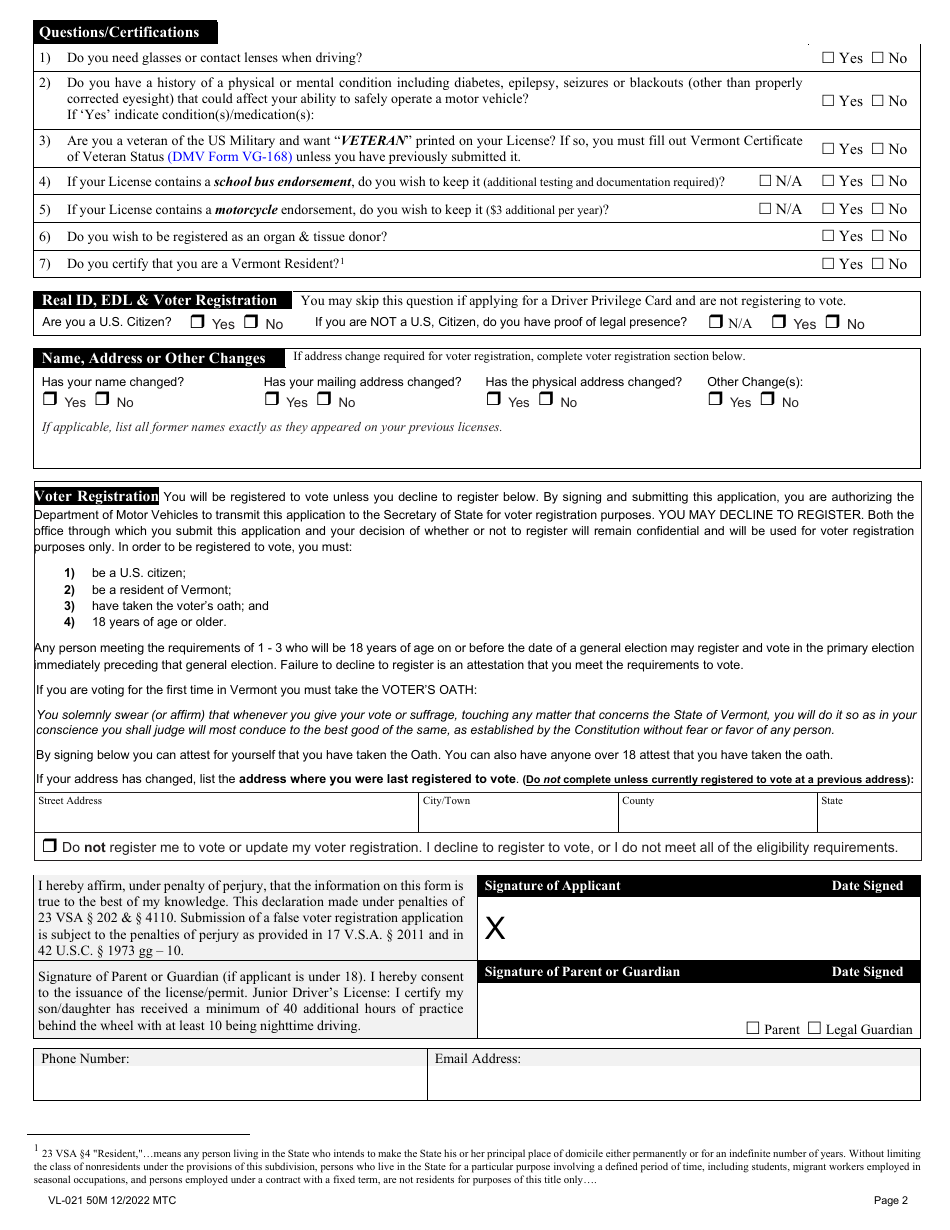 Form VL-021 Application for License / Permit - Vermont, Page 3