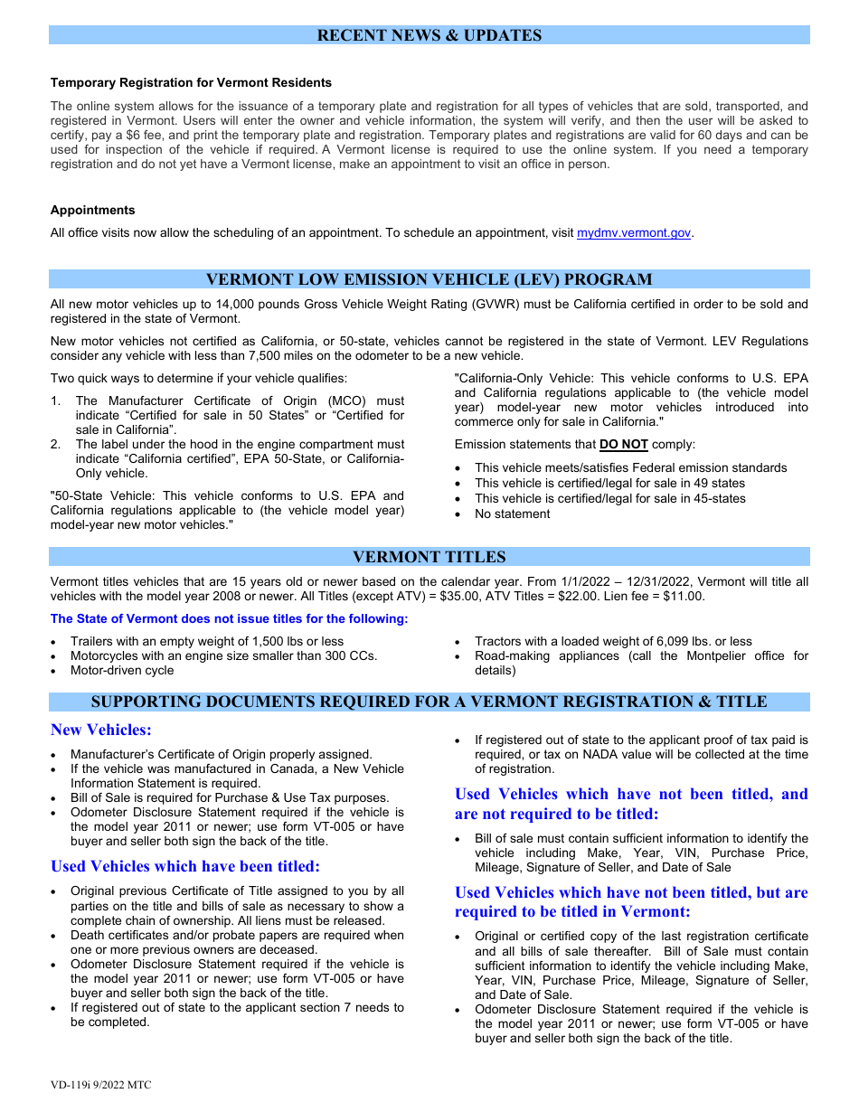 Instructions for Form VD-119 Vermont Registration, Tax  Title Application - Vermont, Page 2