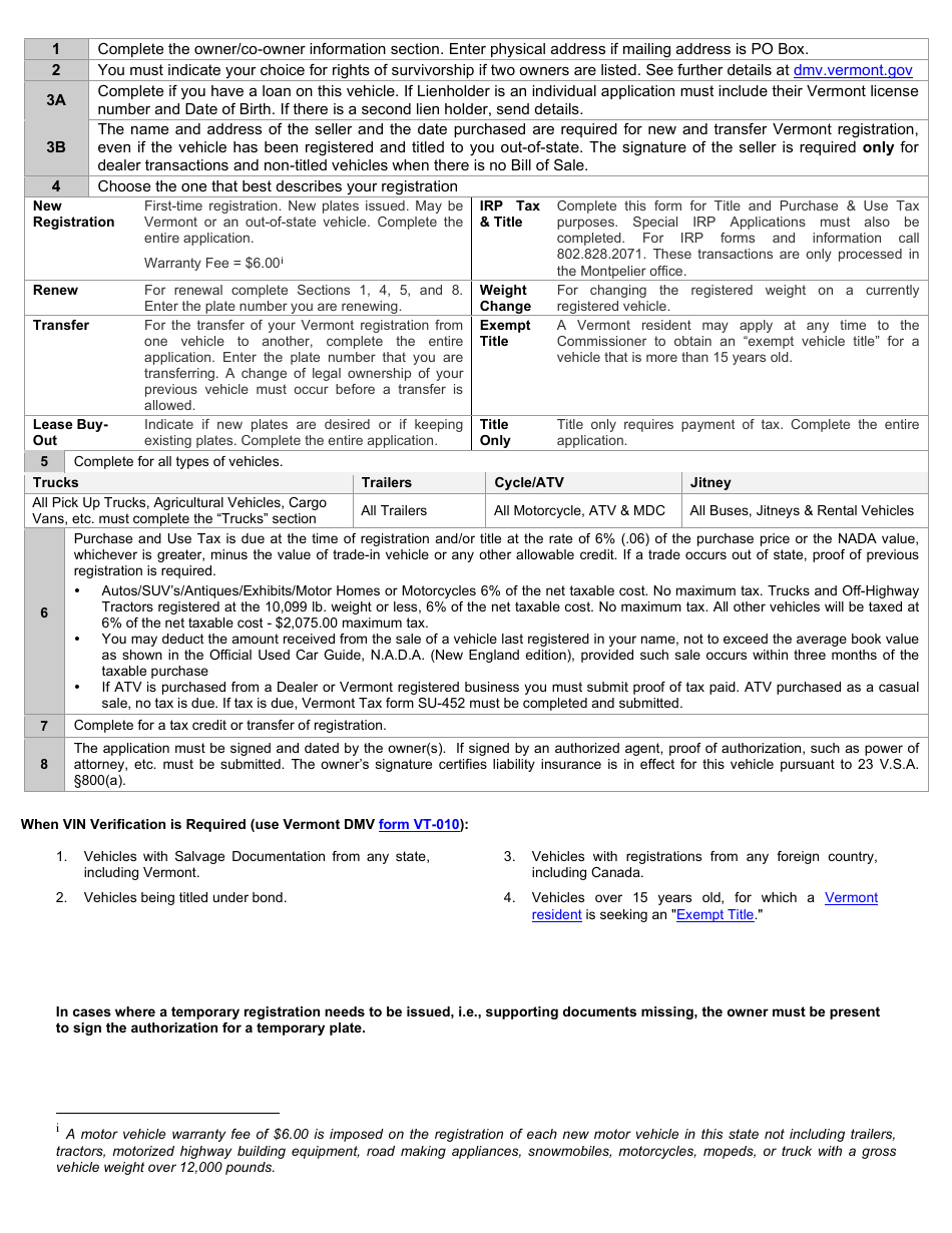 Instructions for Form VD-119 Vermont Registration, Tax  Title Application - Vermont, Page 6