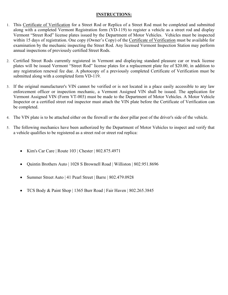 Form VN-086 Certificate of Verification for Street Rod - Vermont, Page 2