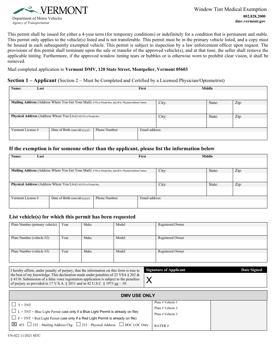 Form VN-022 Window Tint Medical Exemption - Vermont, Page 1