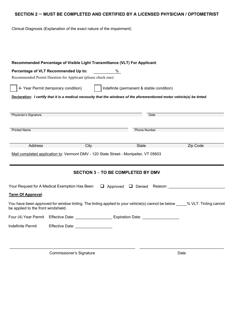 Form VN-022 Window Tint Medical Exemption - Vermont, Page 2