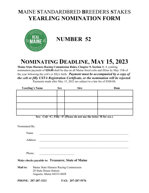 Form 52 Maine Standardbred Breeders Stakes Yearling Nomination Form - Maine, 2023