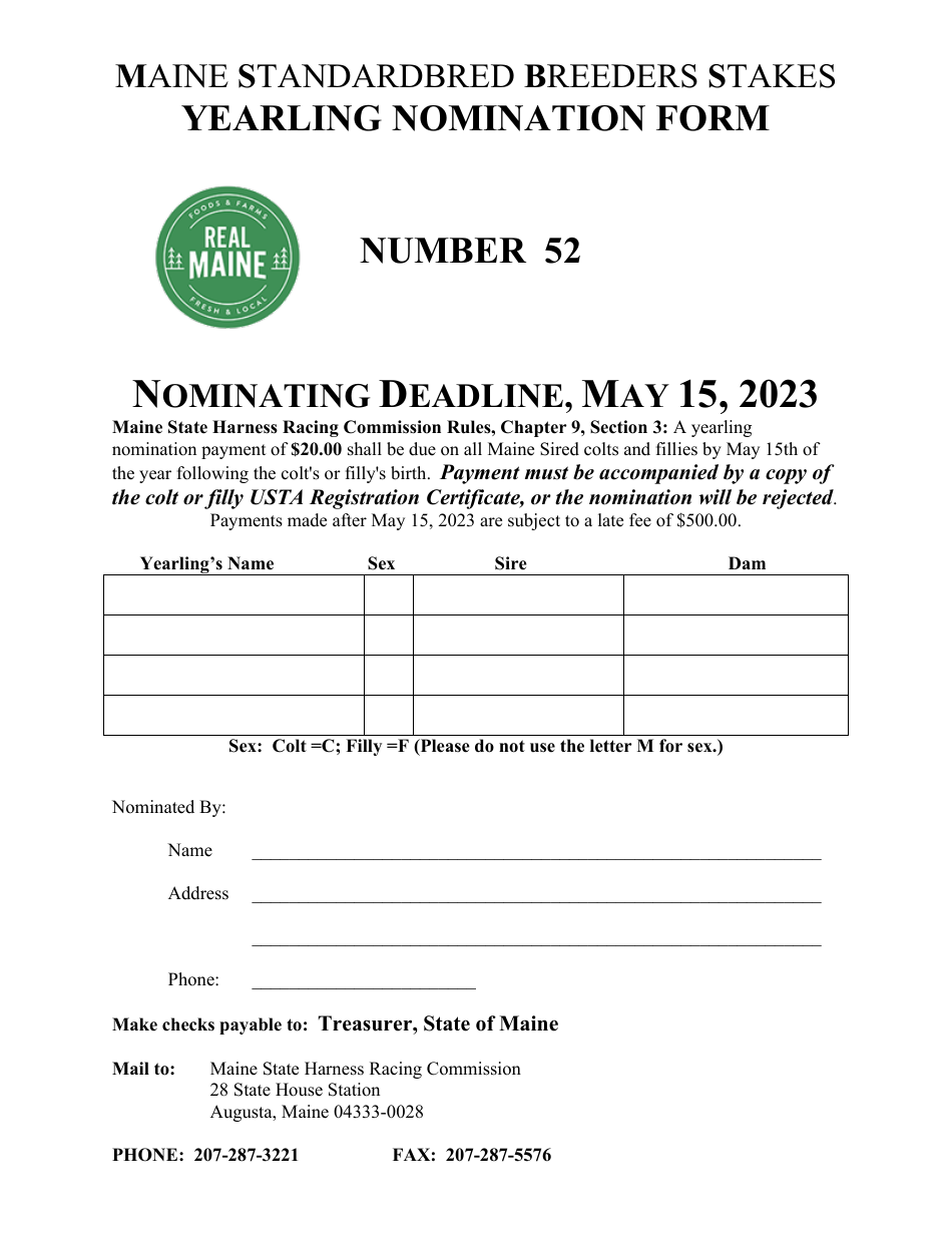 Form 52 Maine Standardbred Breeders Stakes Yearling Nomination Form - Maine, Page 1