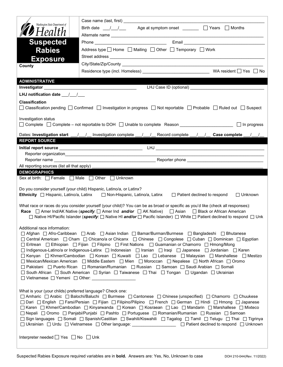 Form DOH210-044 - Fill Out, Sign Online and Download Printable PDF, Washington | Templateroller