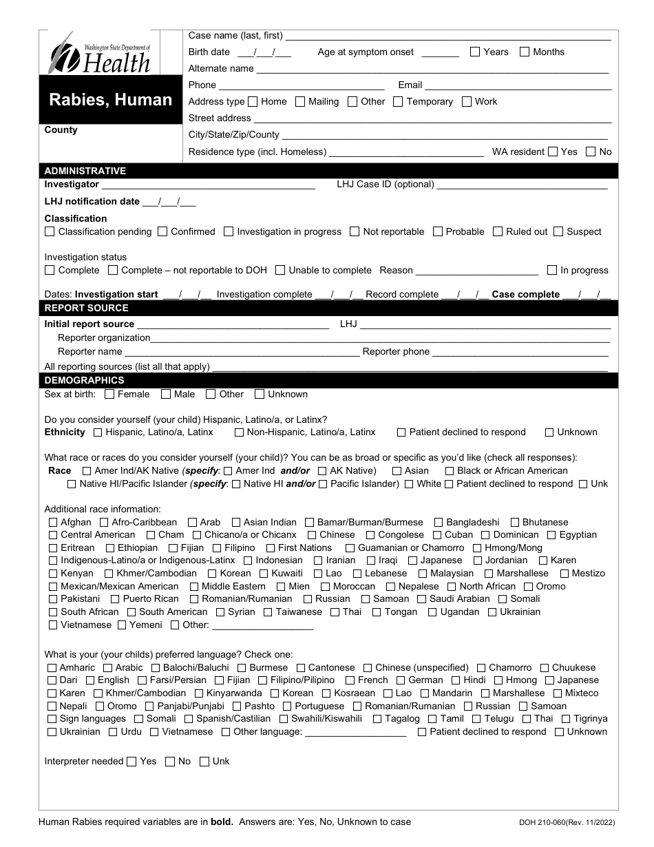 Form DOH210-060 Reporting Form - Human Rabies - Washington, Page 1