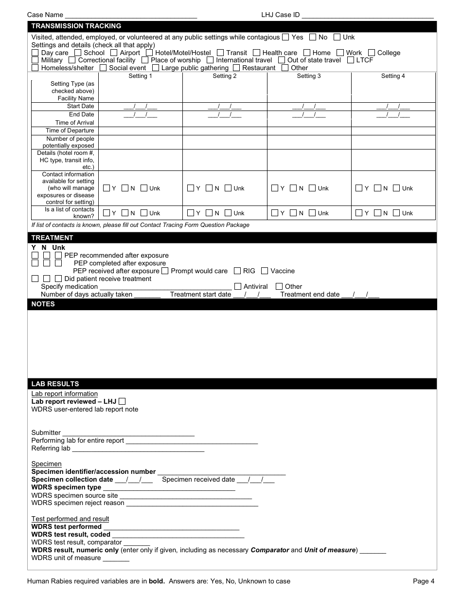Form DOH210-060 Reporting Form - Human Rabies - Washington, Page 4