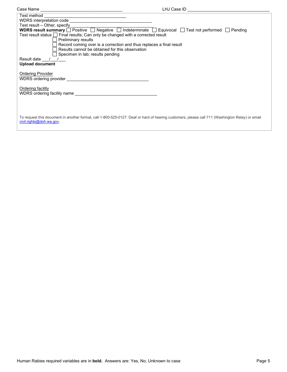 Form DOH210-060 Reporting Form - Human Rabies - Washington, Page 5