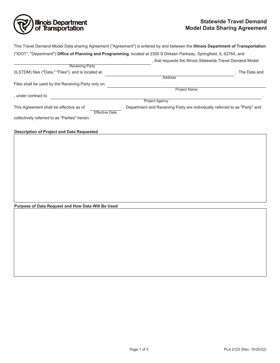 Form PLA2123 Statewide Travel Demand Model Data Sharing Agreement - Illinois, Page 1