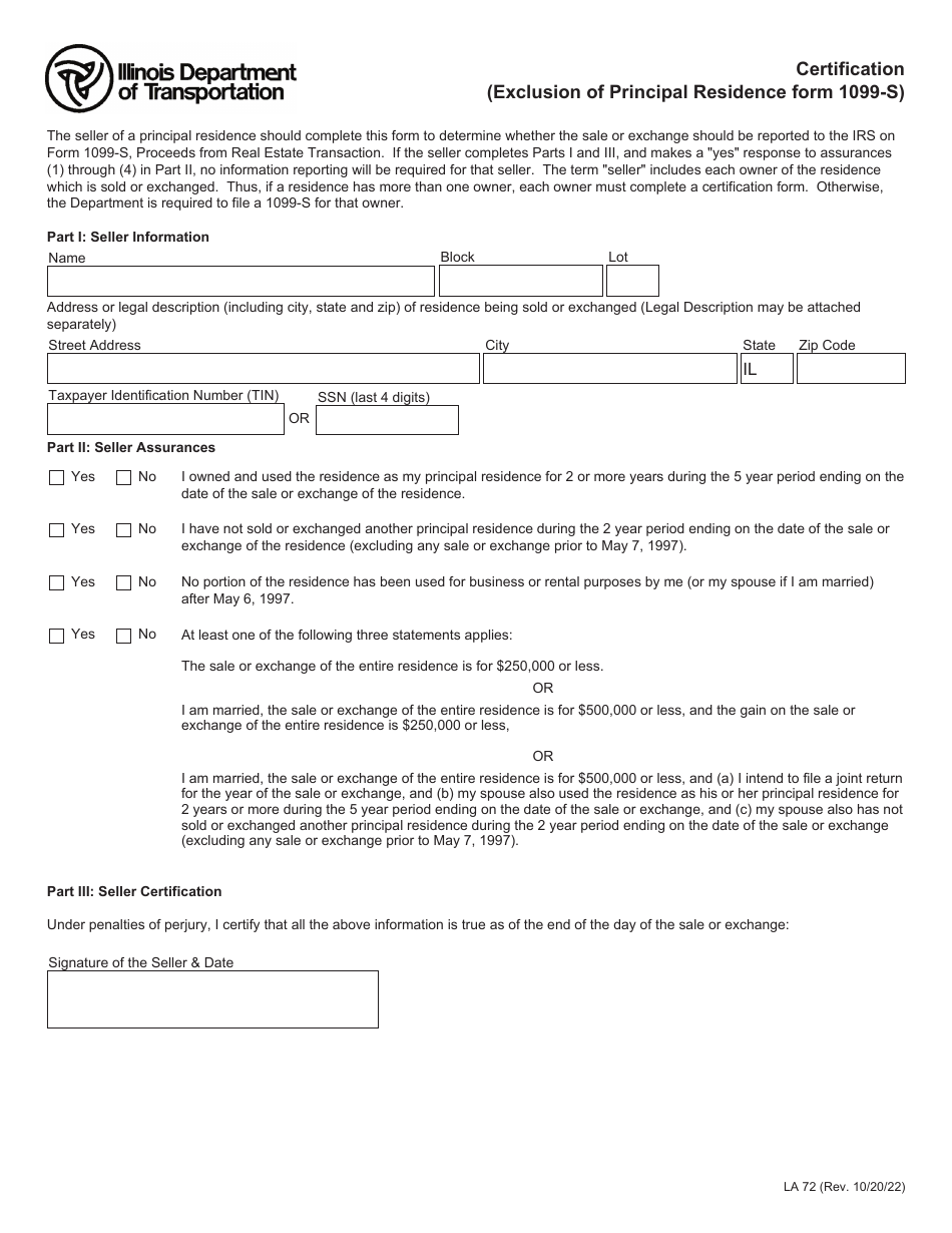 Form LA72 Certification (Exclusion of Principal Residence Form 1099-s) - Illinois, Page 1