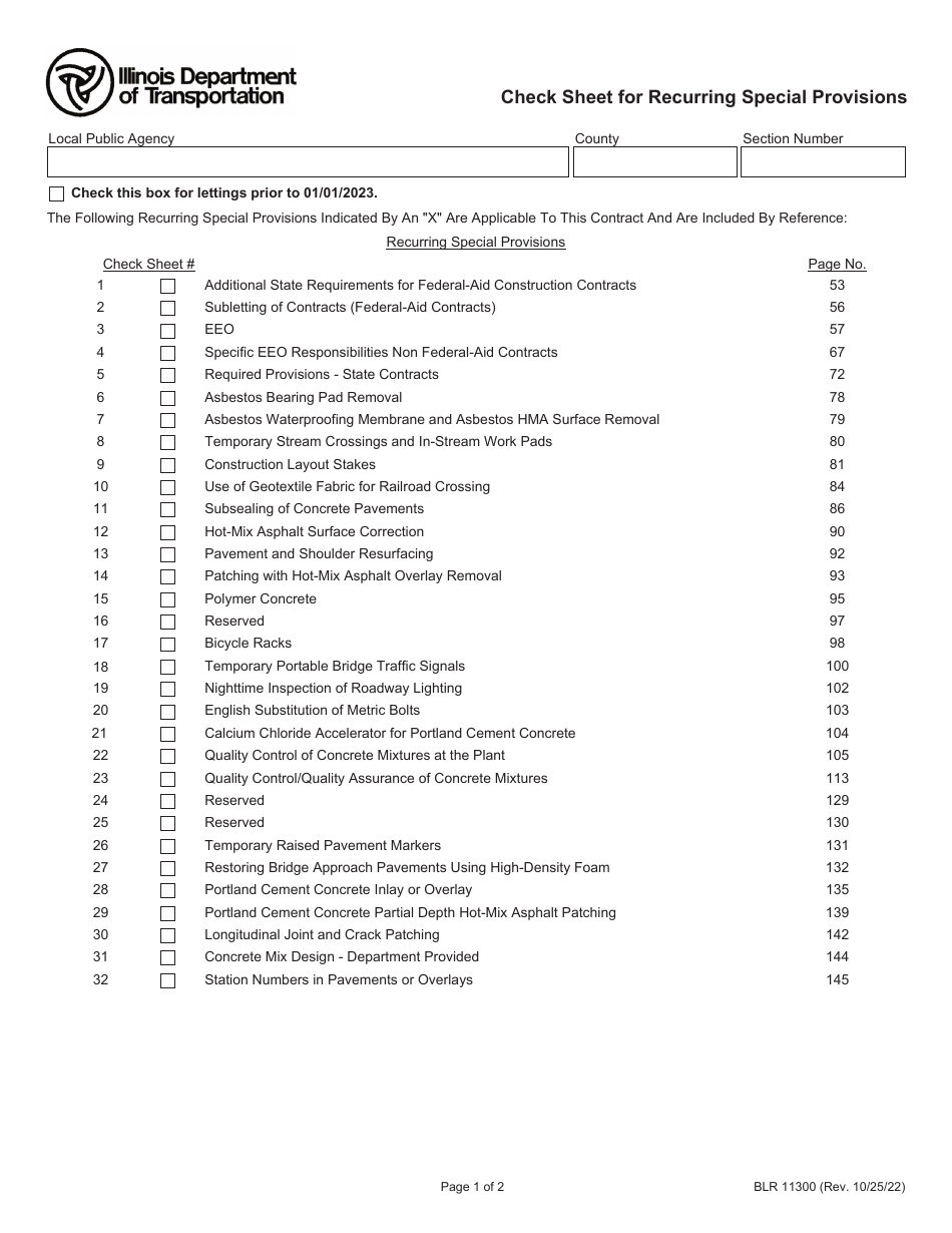 Form BLR11300 Check Sheet for Recurring Special Provisions - Illinois, Page 1