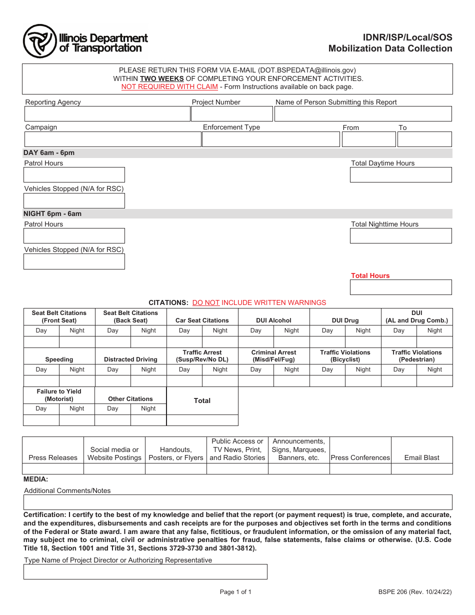 Form BSPE206 Idnr / Isp / Local / Sos Mobilization Data Collection - Illinois, Page 1