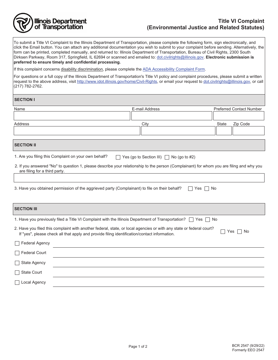 Form BCR2547 Title VI Complaint (Environmental Justice and Related Statutes) - Illinois, Page 1
