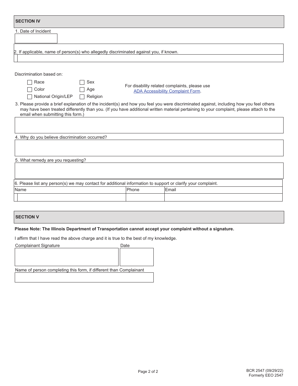 Form BCR2547 Title VI Complaint (Environmental Justice and Related Statutes) - Illinois, Page 2