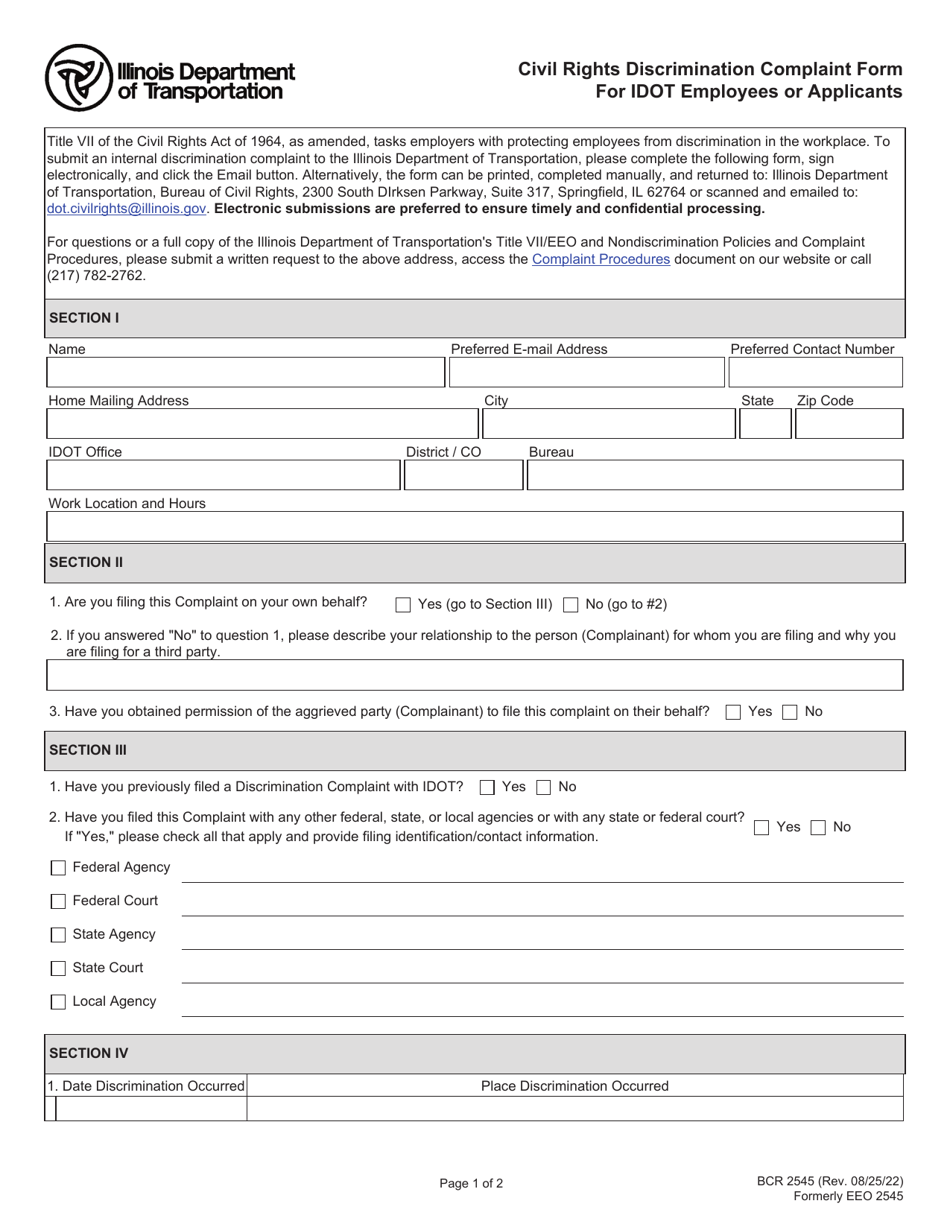 Form BCR2545 Civil Rights Discrimination Complaint Form for Idot Employees or Applicants - Illinois, Page 1