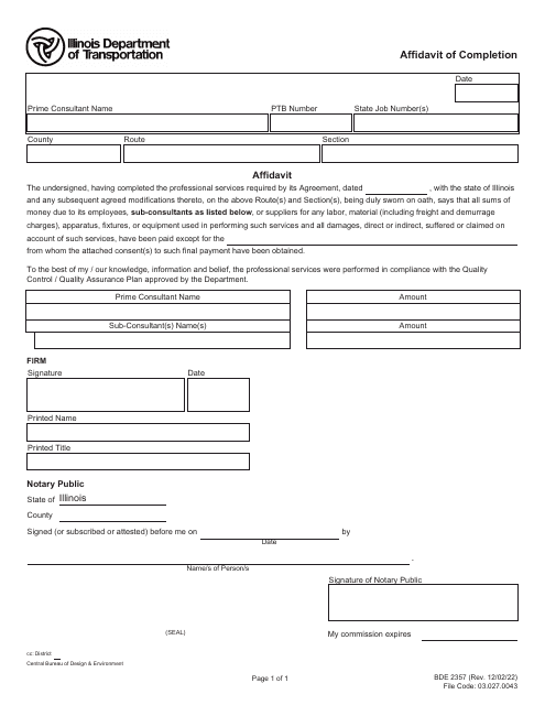 Form BDE2357 Affidavit of Completion - Illinois