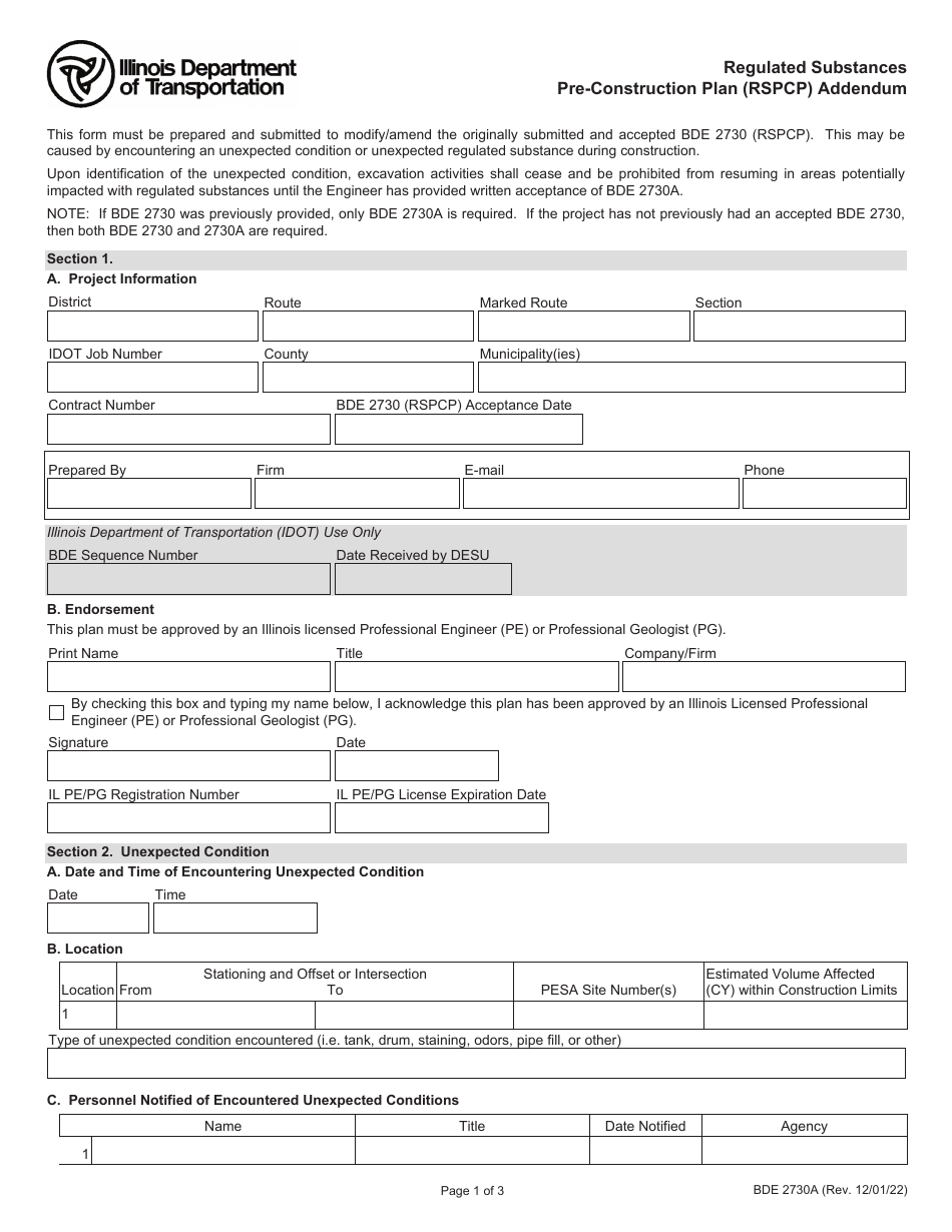 Form BDE2730A Regulated Substances Pre-construction Plan (Rspcp) Addendum - Illinois, Page 1