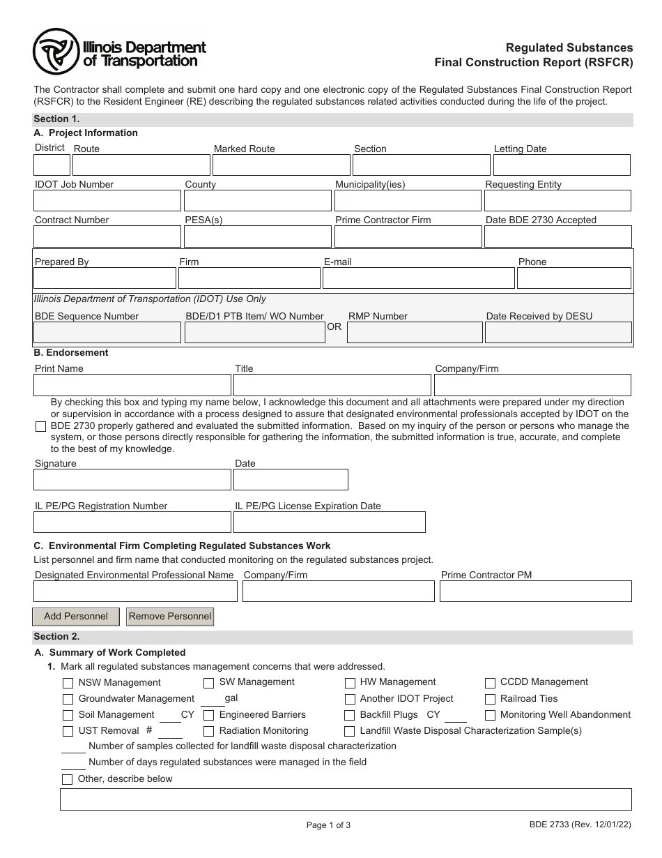 Form BDE2733 Regulated Substances Final Construction Report (Rsfcr) - Illinois, Page 1