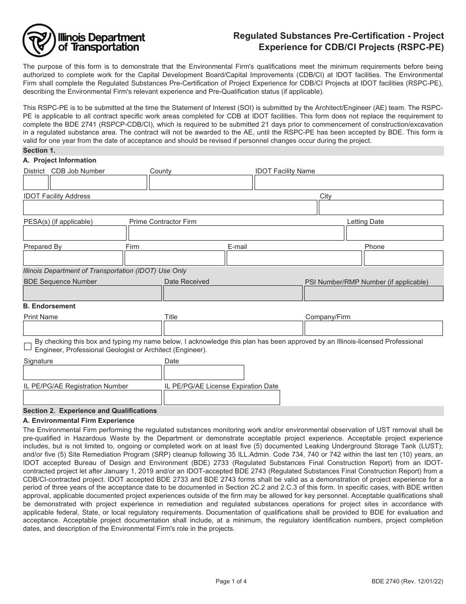 Form BDE2740 Regulated Substances Pre-certification - Project Experience for CDB / Ci Projects (Rspc-Pe) - Illinois, Page 1
